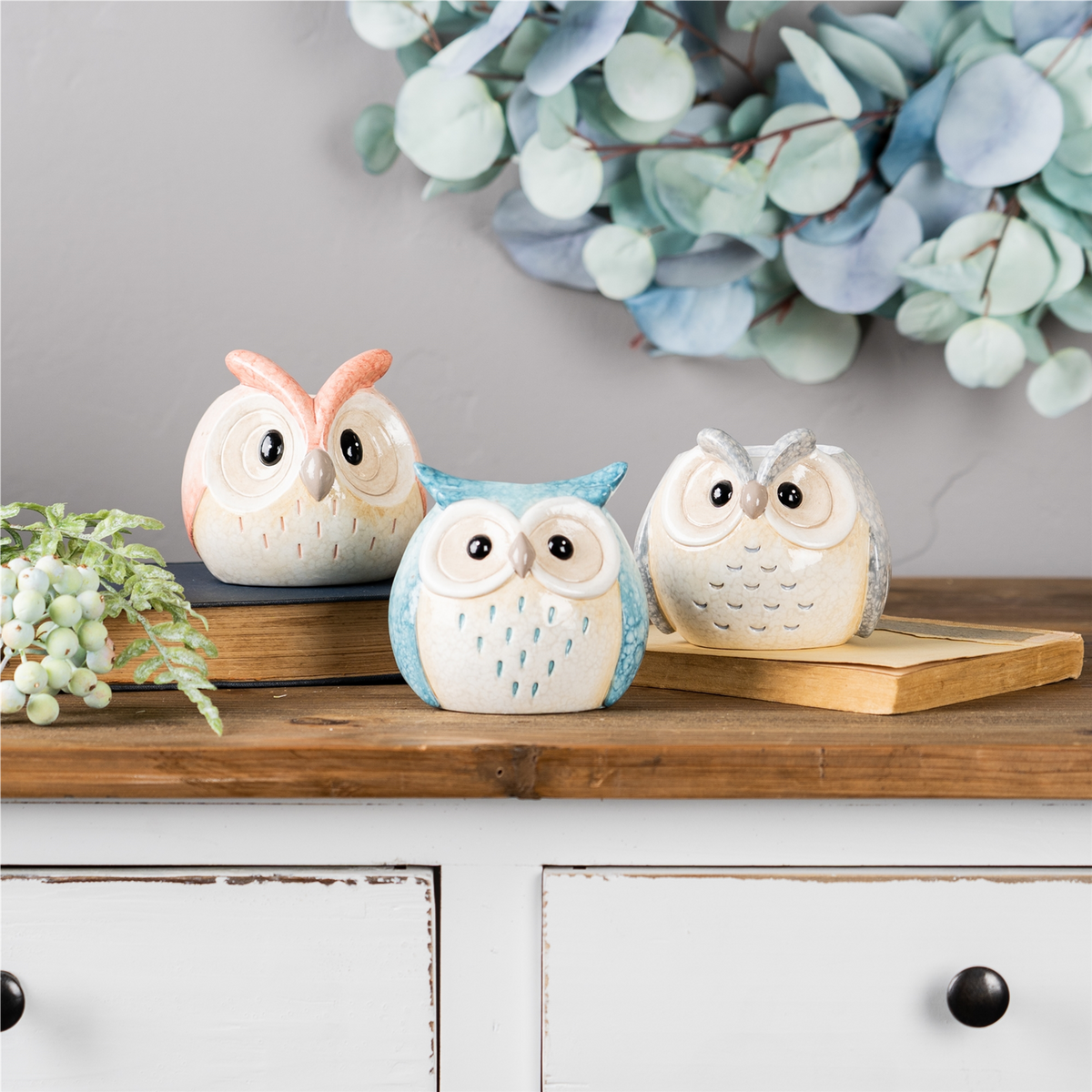 Whimsical Pastel Terra Cotta Owl Figurine (Set of 3)