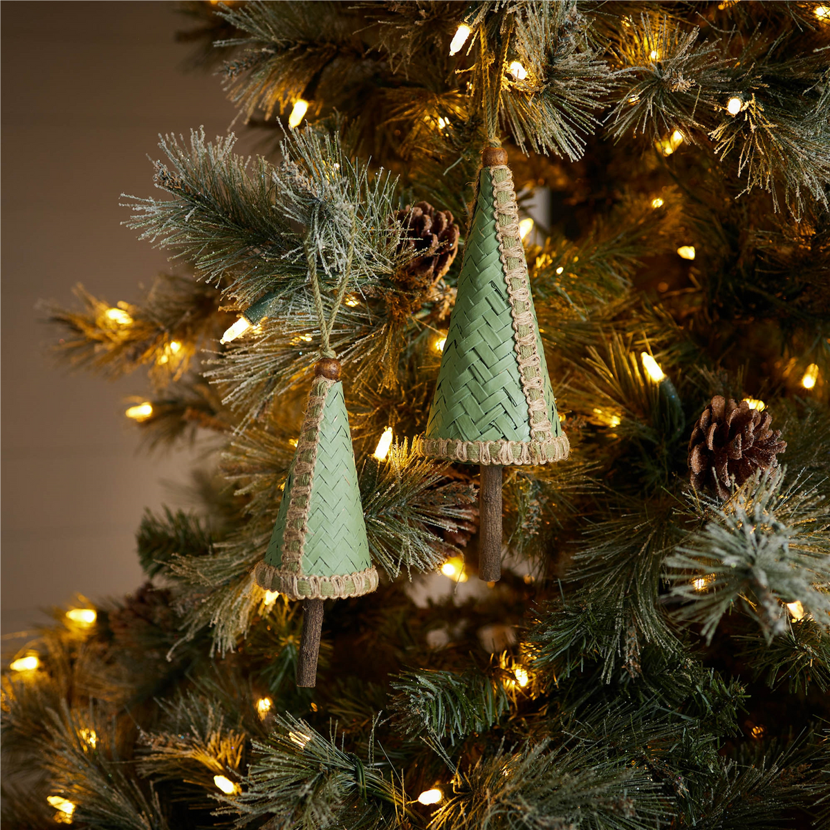 Woven Bamboo Pine Tree Ornament (Set of 4)