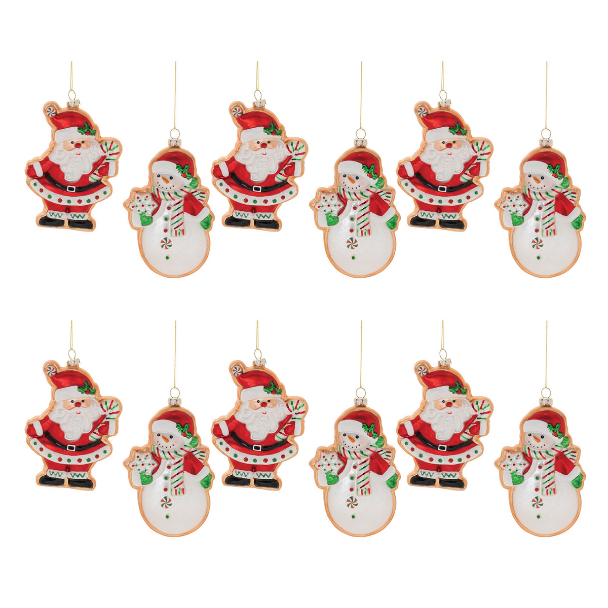 Santa and Snowman Cookie Ornament (Set of 12) 5”H Glass