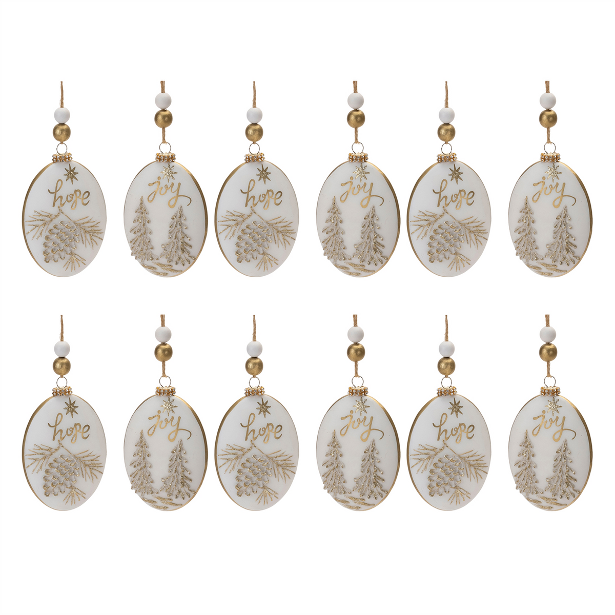 Glittered Glass Hope and Joy Ornament with Wood Beads (Set of 12)