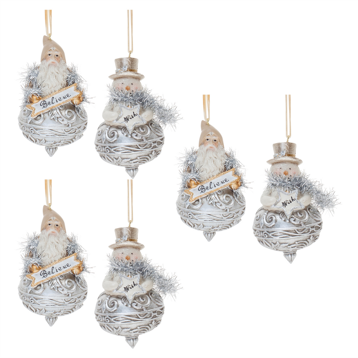 Ornate Santa and Snowman Finial Ornament (Set of 6)