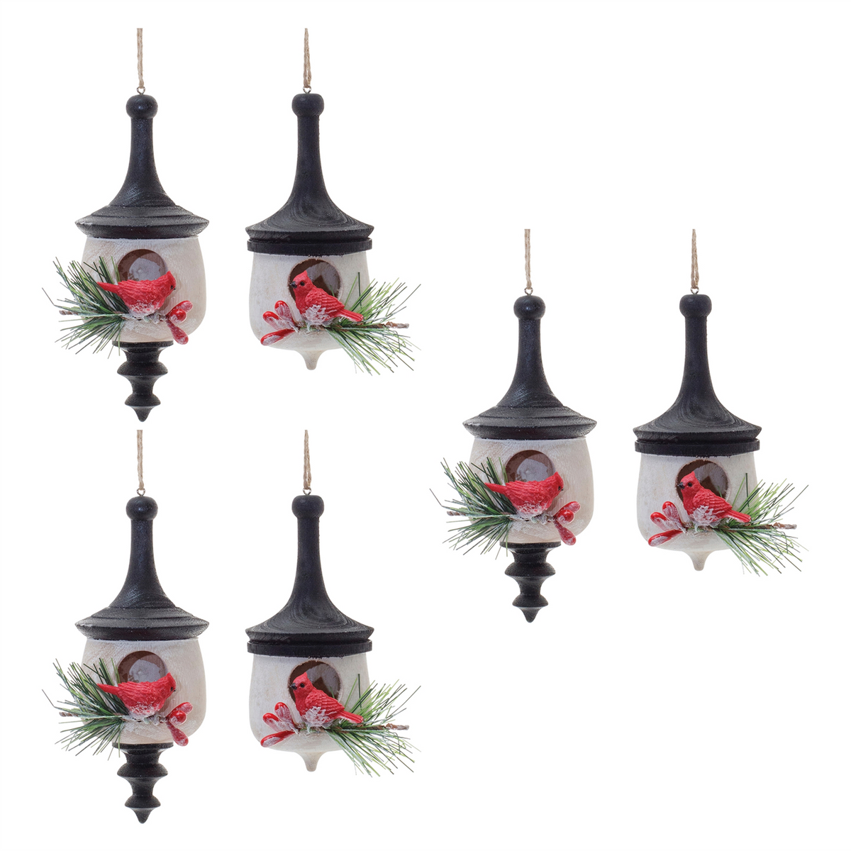 Wood Finial Birdhouse with Cardinal Ornament (Set of 6)
