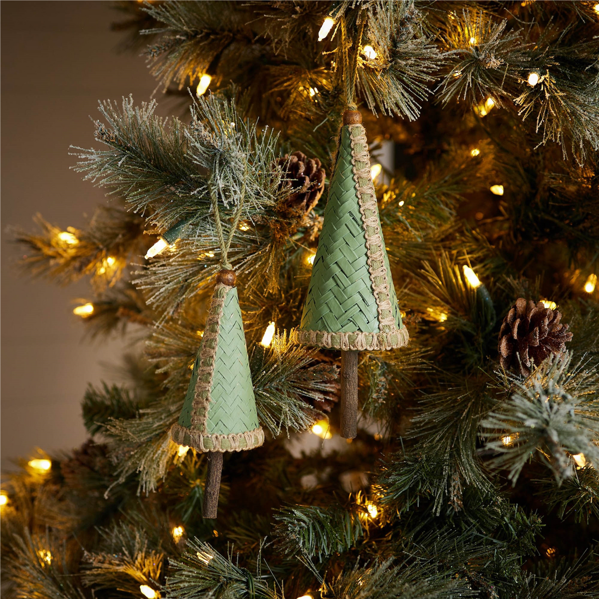 Woven Bamboo Pine Tree Ornament (Set of 4)