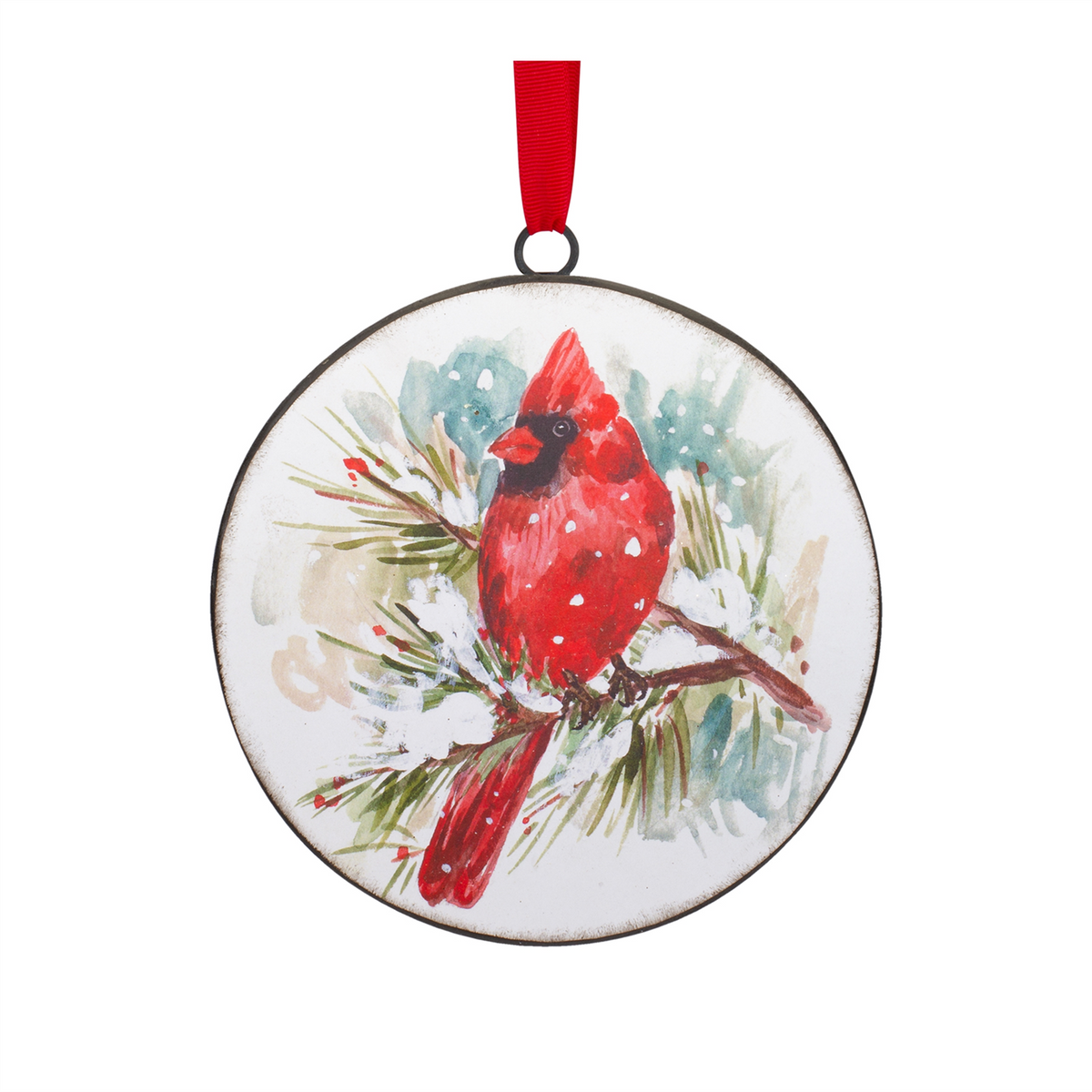 Winter Cardinal and Pine Branch Disc Ornament (Set of 12)