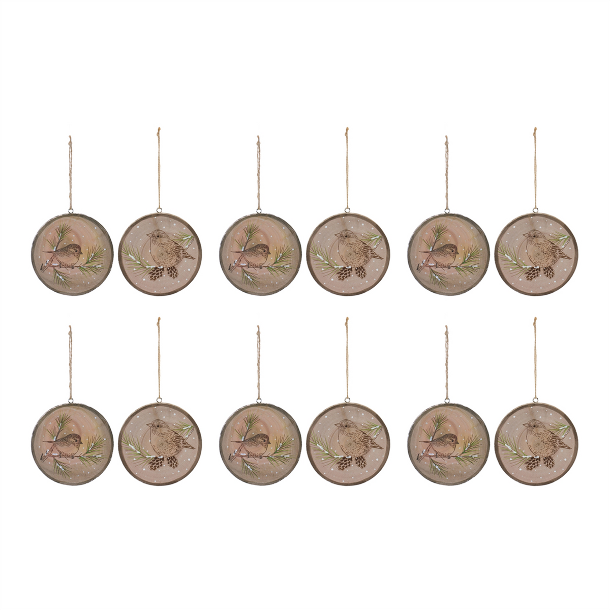 Bird Disc Ornament (Set of 12) 4”H Wood