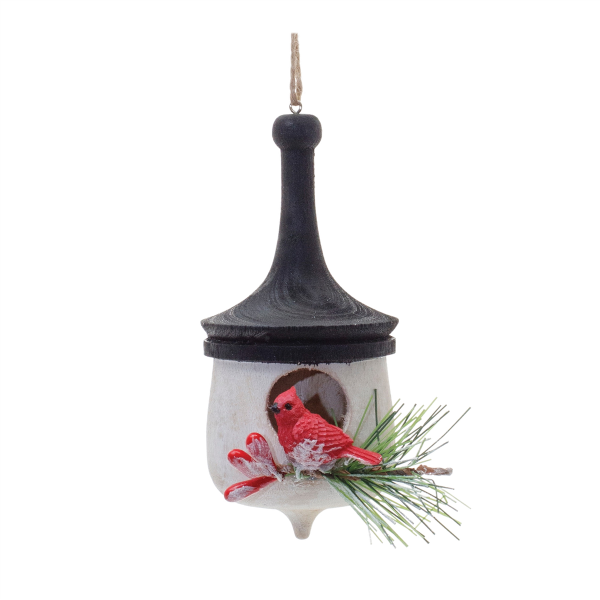 Wood Finial Birdhouse with Cardinal Ornament (Set of 6)
