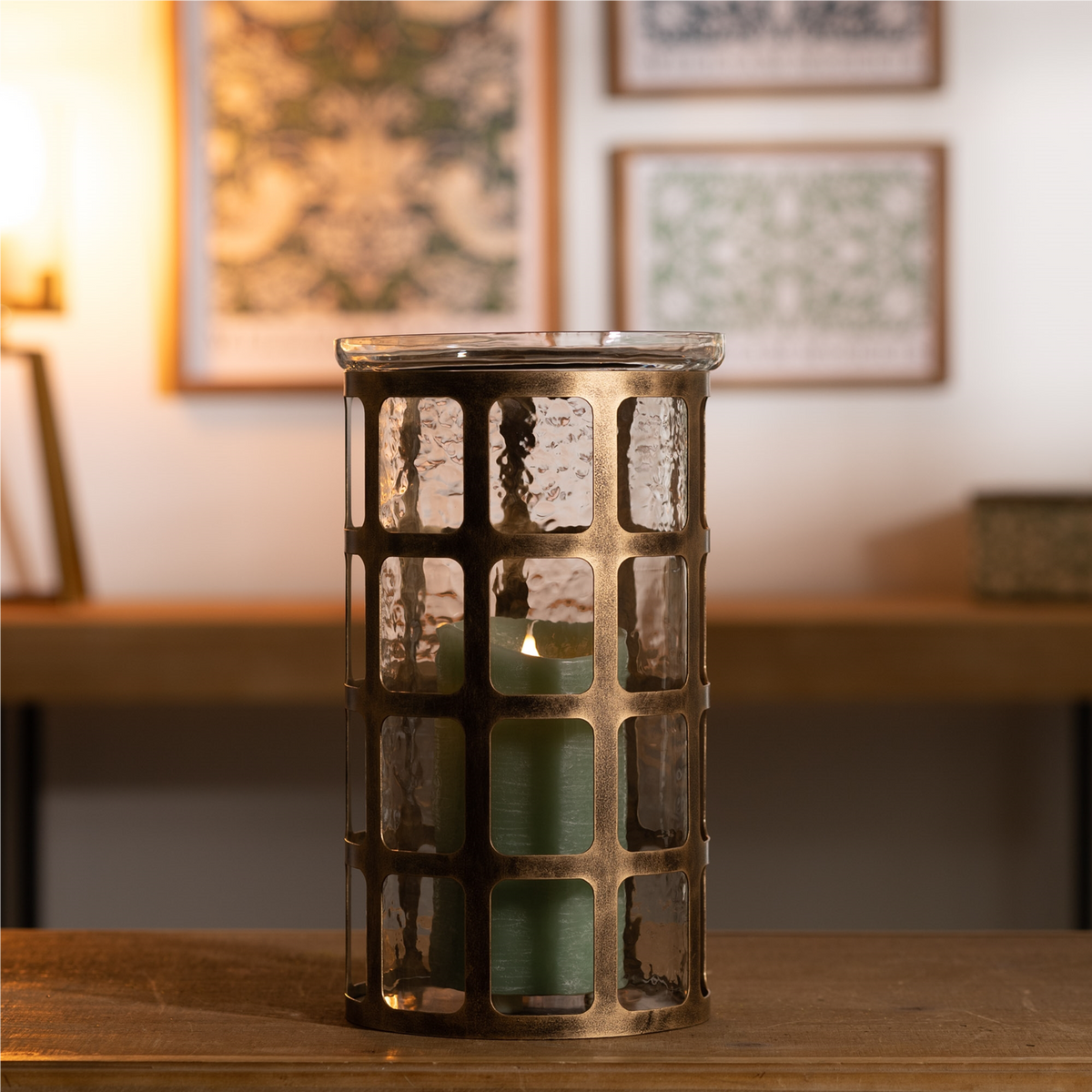 Wavy Glass Candle Holder with Distressed Metal Frame 12.25"H