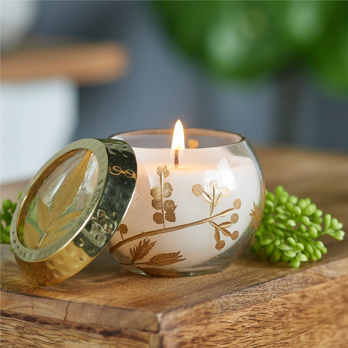 Frosted Juniper Scented Soy Candle with Pressed Leaf Lid (Set of 3)