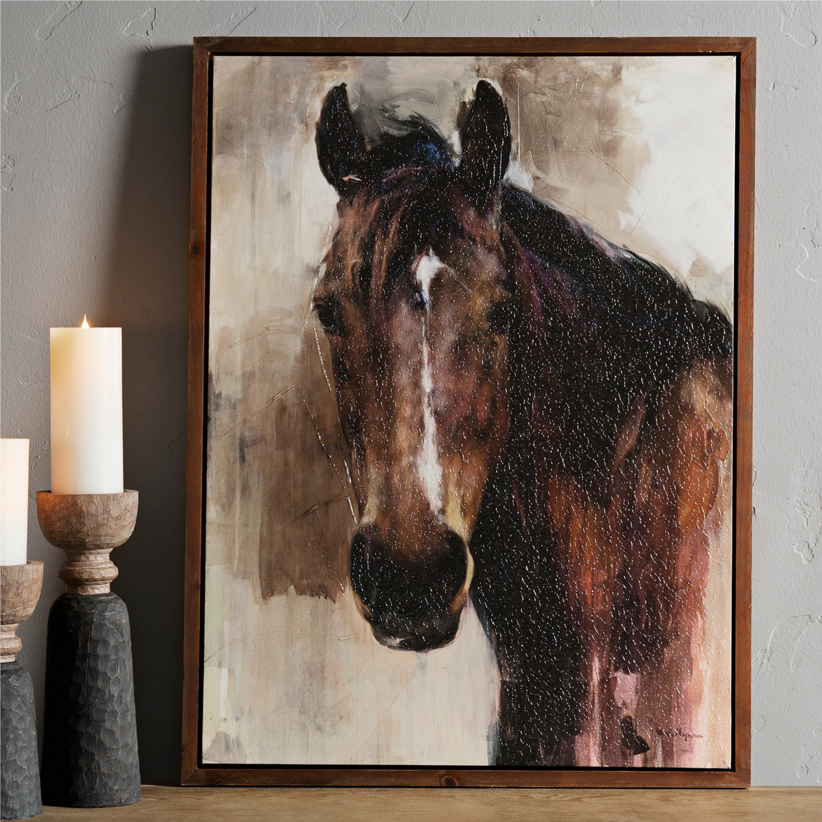 Wood Framed Horse Canvas Painting 31.5"H