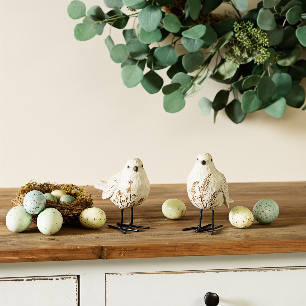 Bird Figurine with Carved Floral Design (Set of 2)