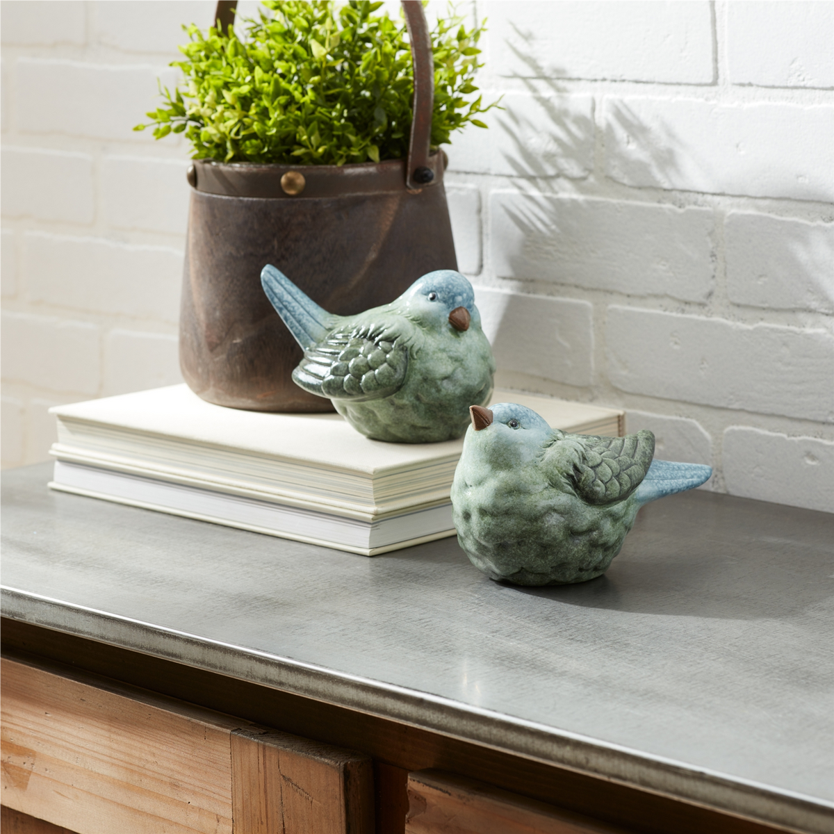 Blue and Green Terra Cotta Bird Figurine (Set of 2)