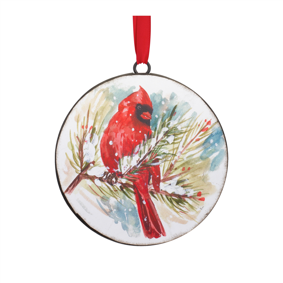 Winter Cardinal and Pine Branch Disc Ornament (Set of 12)