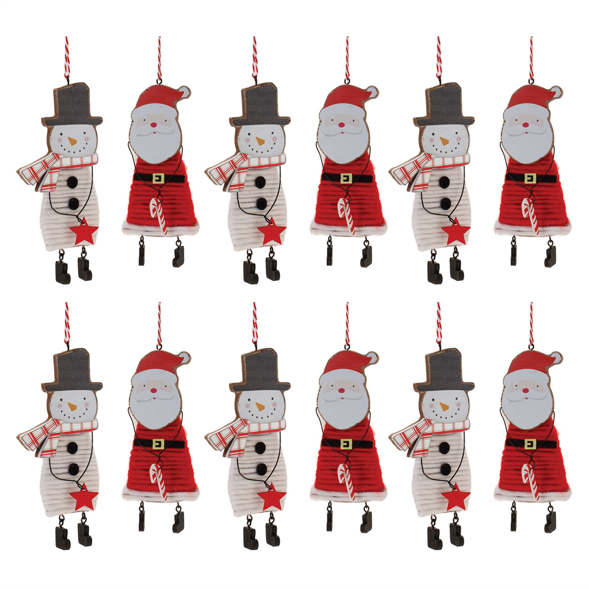 Wood and Felt Snowman Santa Ornament (Set of 12)