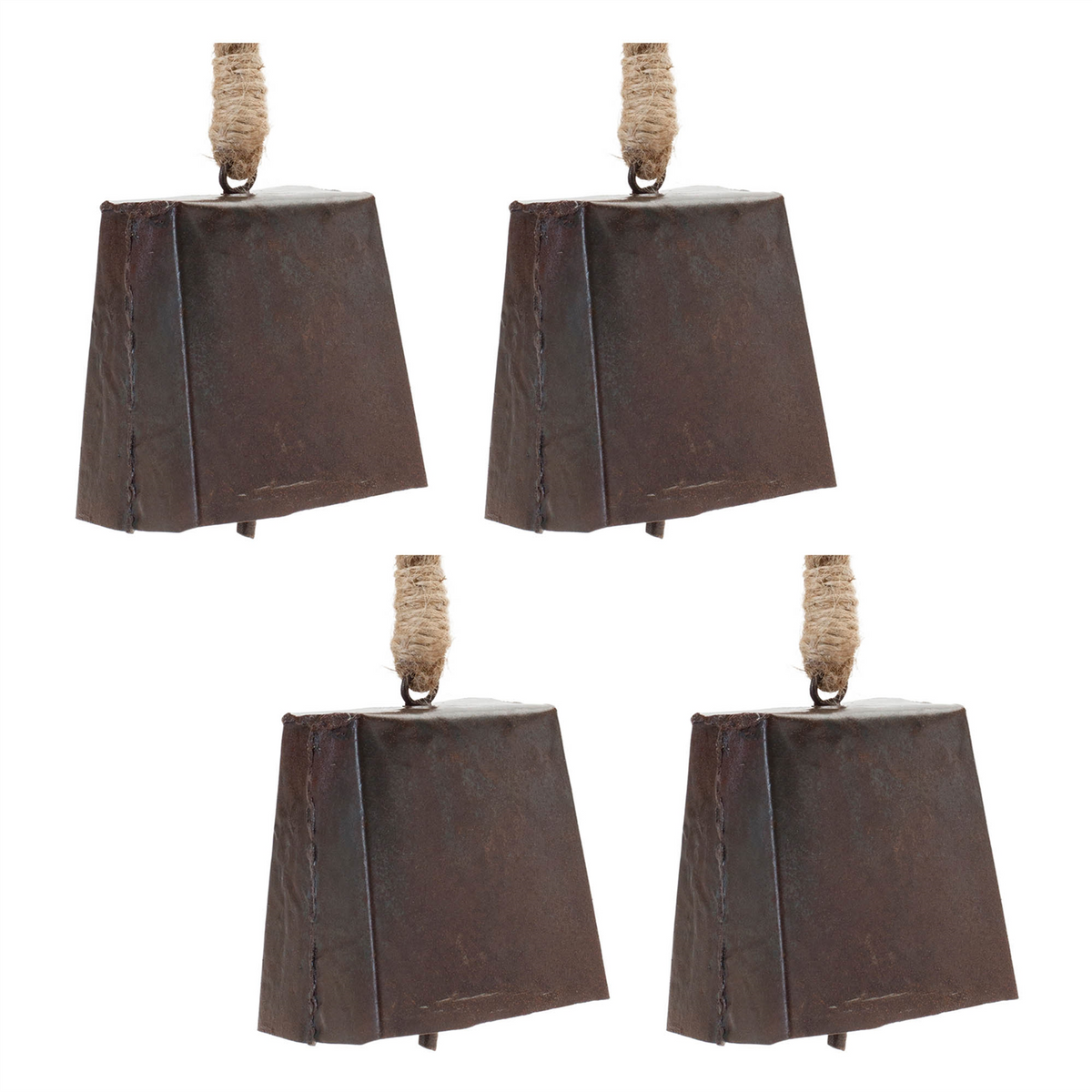Bronze Metal Bell Ornament with Jute Rope Hanger (Set of 4)