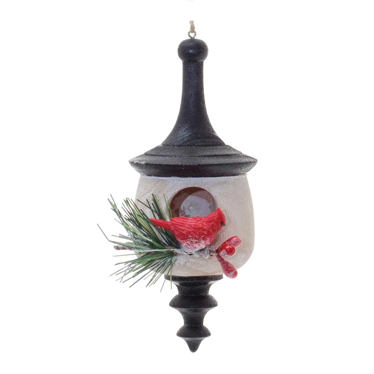 Wood Finial Birdhouse with Cardinal Ornament (Set of 6)