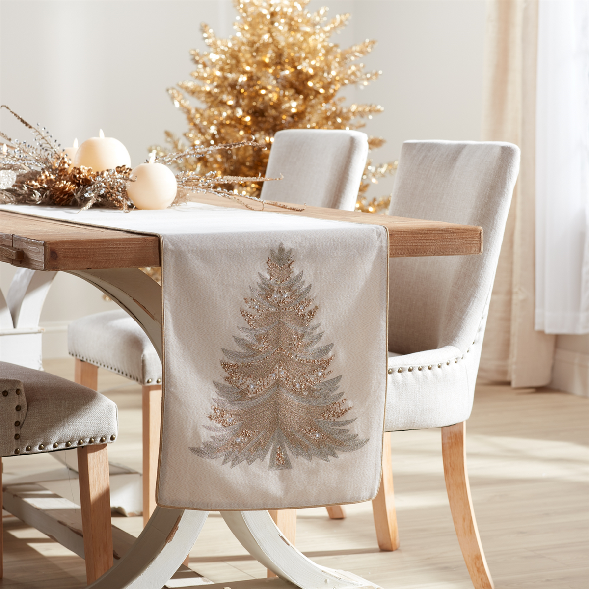 Bead Embroidered Pine Tree Table Runner 72"L