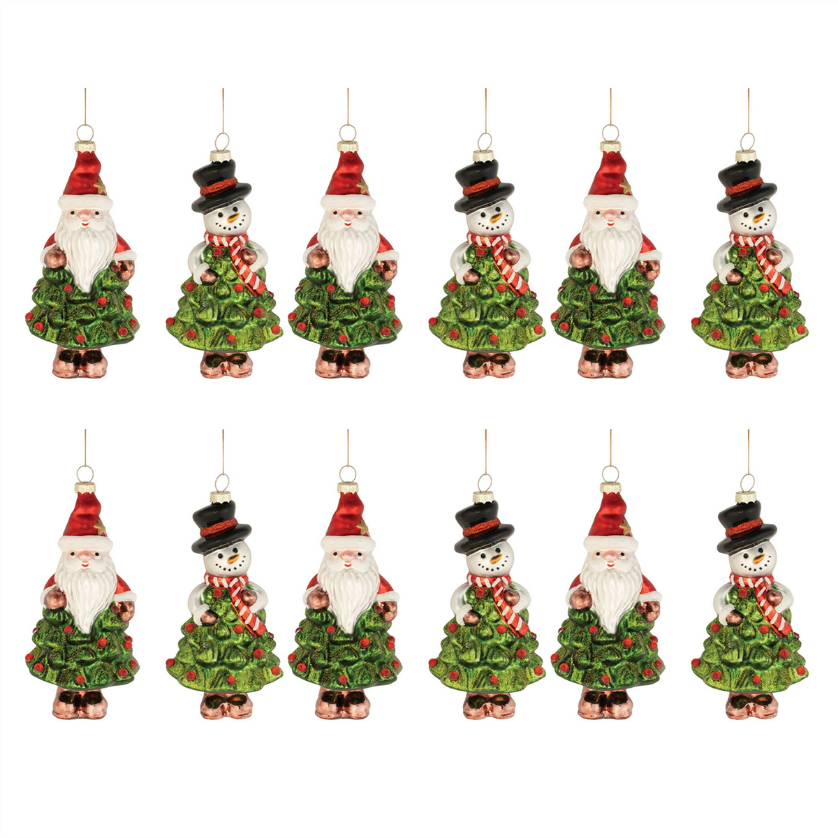 Santa and Snowman Tree Ornament (Set of 12) 5.5"H, 6"H Glass