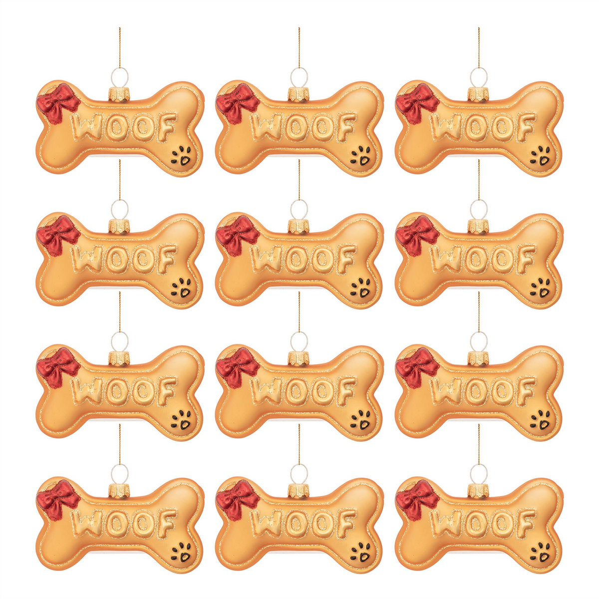 Woof Bone Ornament (Set of 12) 3.75"L x 3"H Glass