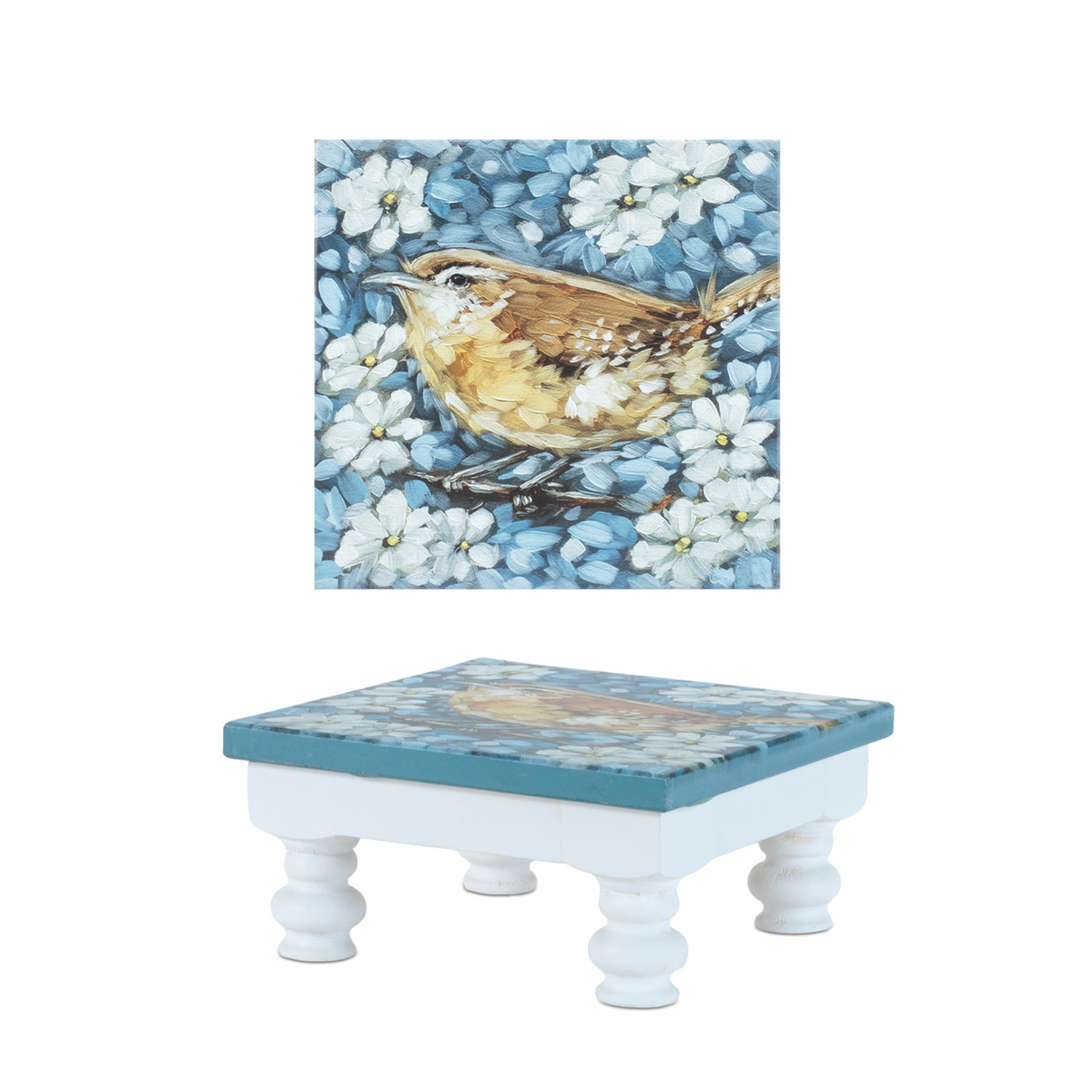 Wooden Floral Bird Pedestal Tray (Set of 2)