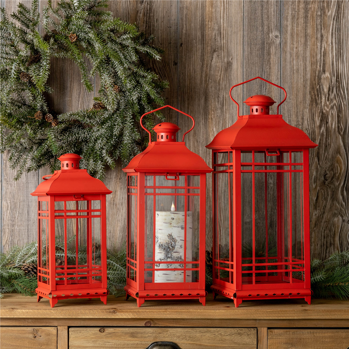 Traditional Red Metal Lantern (Set of 3)