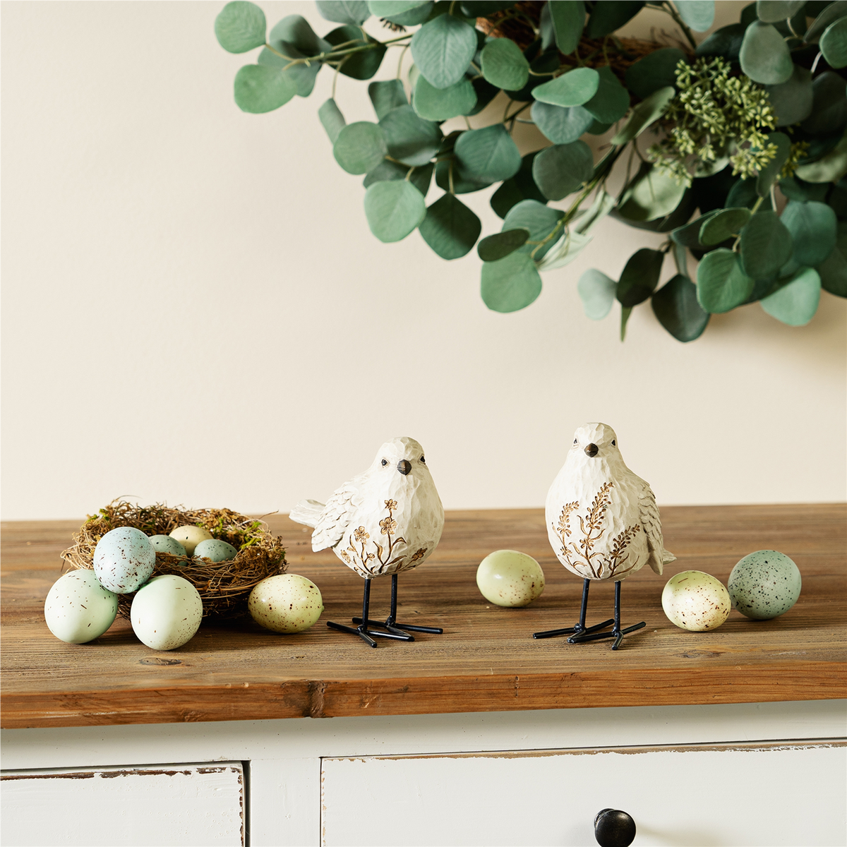 Bird Figurine with Carved Floral Design (Set of 2)