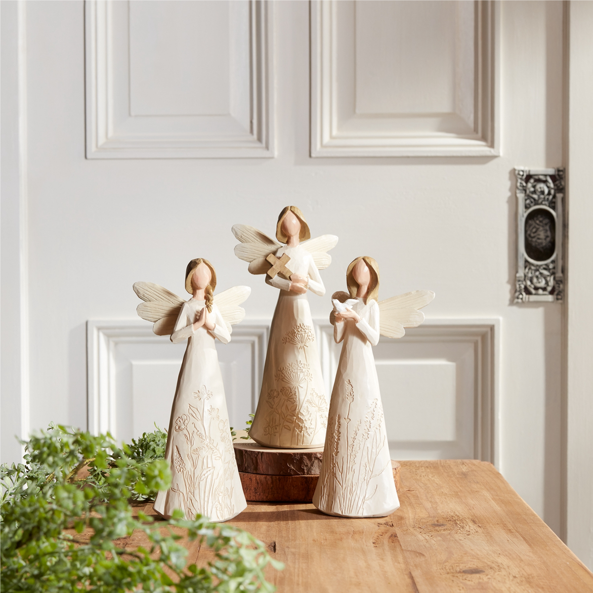 Beige Floral Etched Angel Figurine (Set of 3)