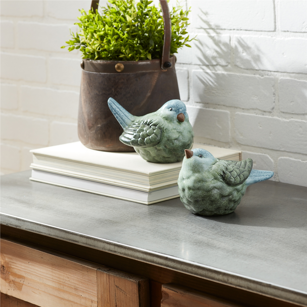 Blue and Green Terra Cotta Bird Figurine (Set of 2)