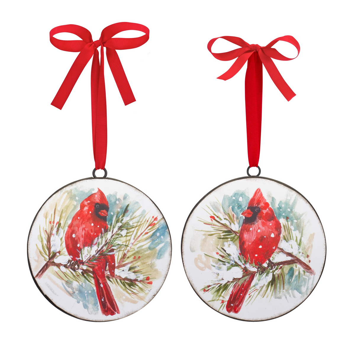 Winter Cardinal and Pine Branch Disc Ornament (Set of 12)