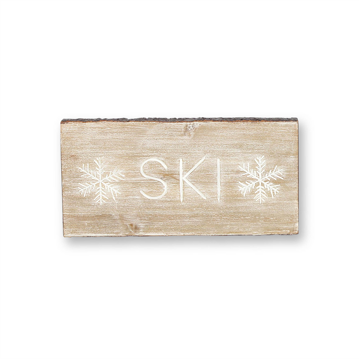 Wood Ski and Snow Sentiment Block with White Washed Design (Set of 2)