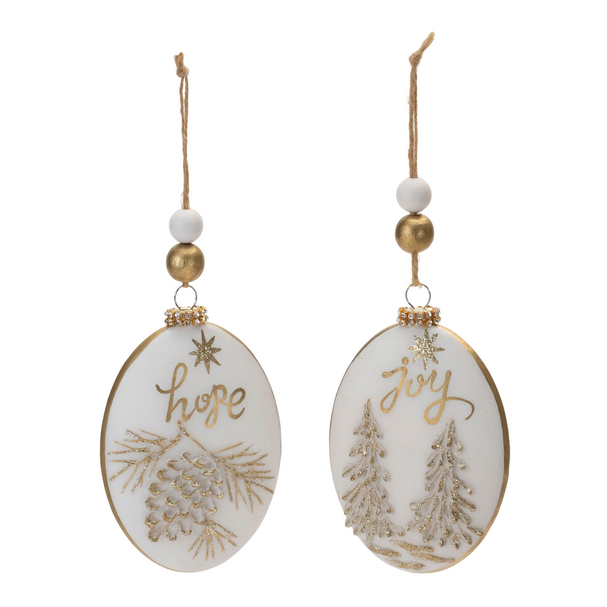 Glittered Glass Hope and Joy Ornament with Wood Beads (Set of 12)