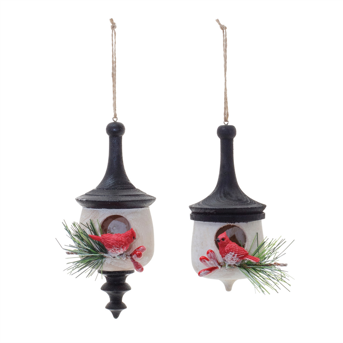 Wood Finial Birdhouse with Cardinal Ornament (Set of 6)