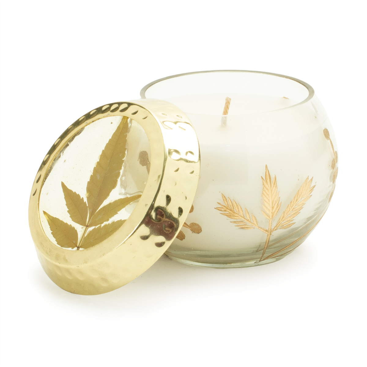 Frosted Juniper Scented Soy Candle with Pressed Leaf Lid (Set of 3)