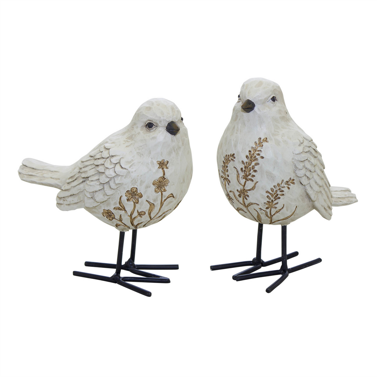Bird Figurine with Carved Floral Design (Set of 2)