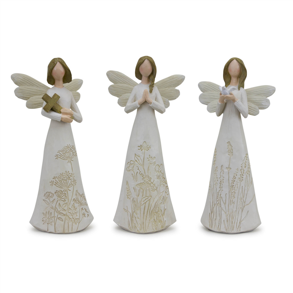 Beige Floral Etched Angel Figurine (Set of 3)