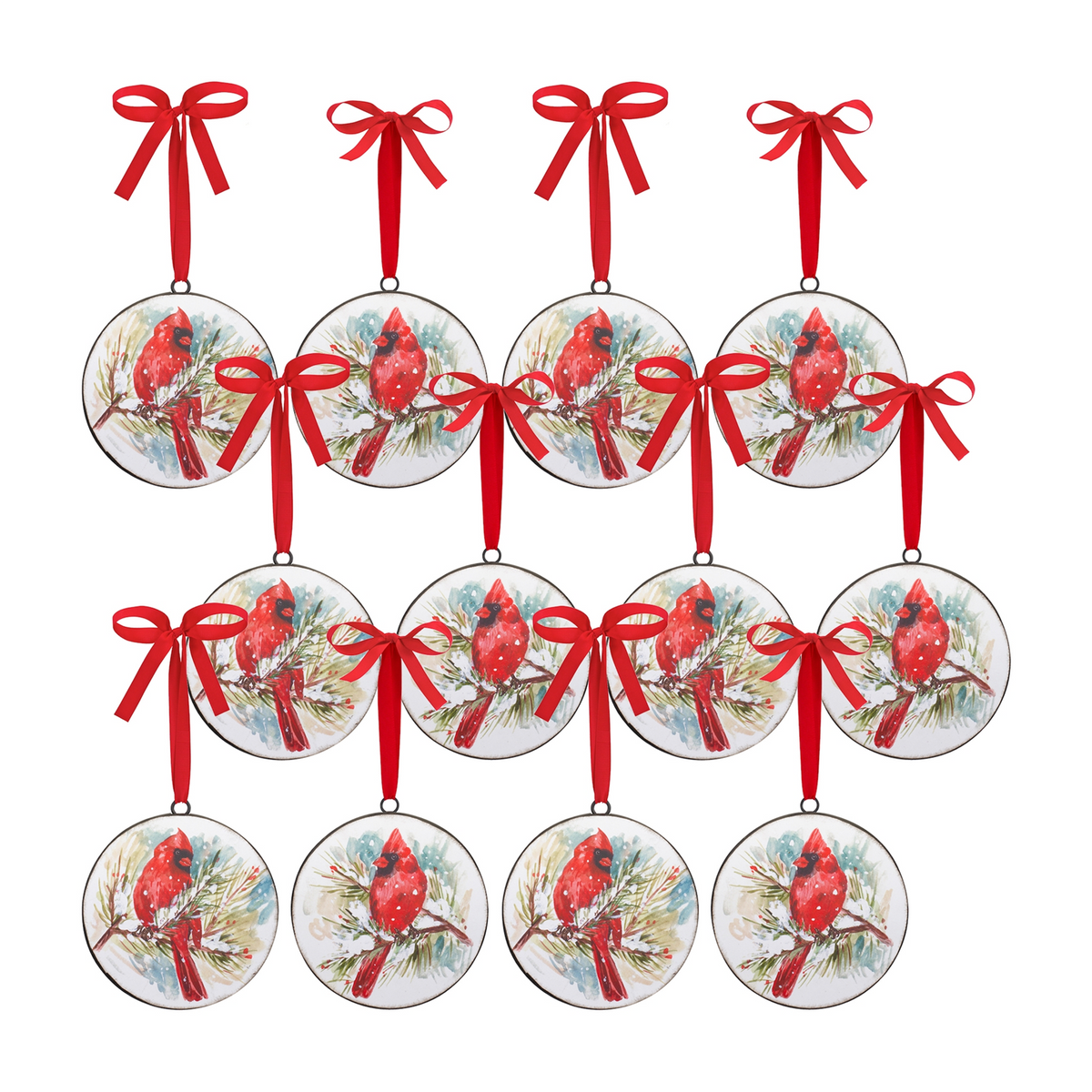 Winter Cardinal and Pine Branch Disc Ornament (Set of 12)