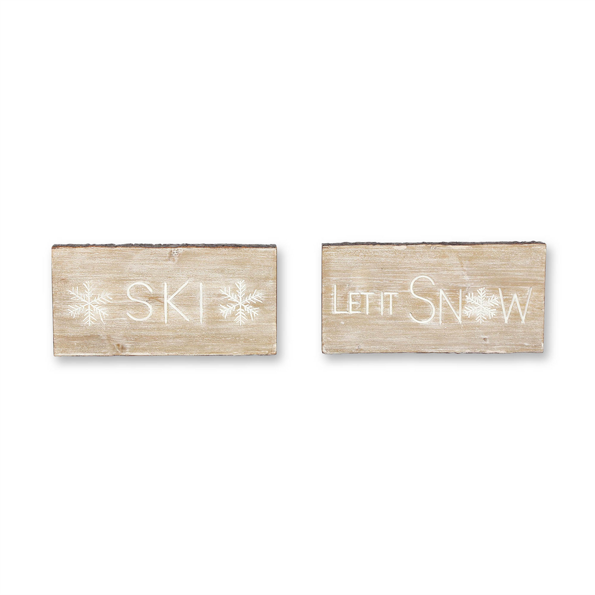Wood Ski and Snow Sentiment Block with White Washed Design (Set of 2)