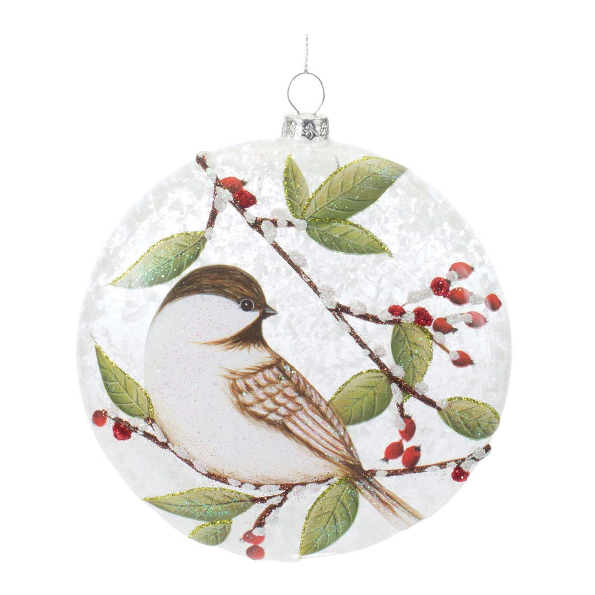 Chickadee Disc Ornament (Set of 6) 5”H Glass