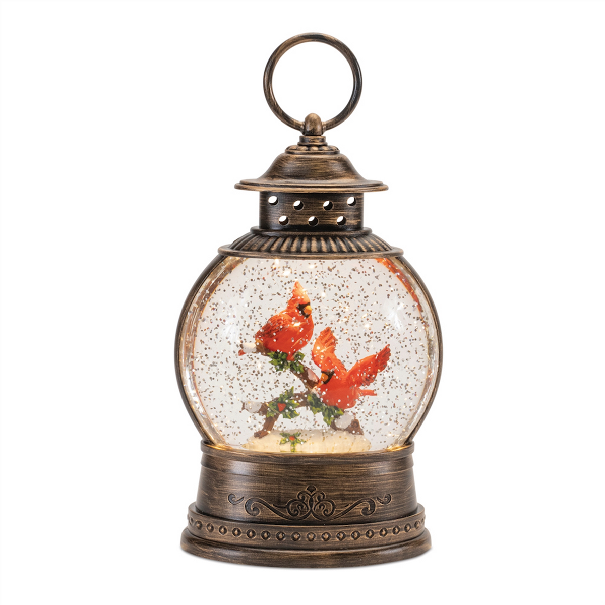 LED Snow Globe Lantern with Cardinal Bird Couple 8.25"H