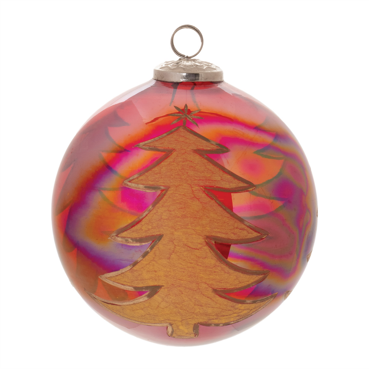 Ball w/Tree Ornament (Set of 4) 6”D Glass