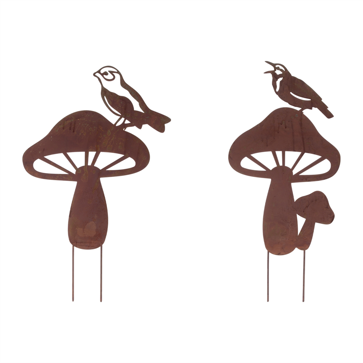 Bird & Mushroom Stake (Set of 2) 19"H, 19.5"H Iron