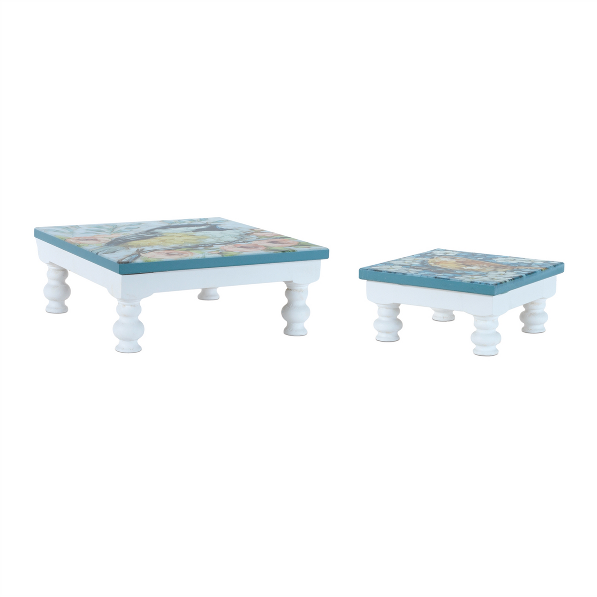 Wooden Floral Bird Pedestal Tray (Set of 2)