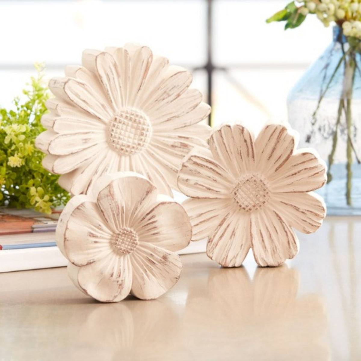 White Washed Stone Flower Decor (Set of 3)