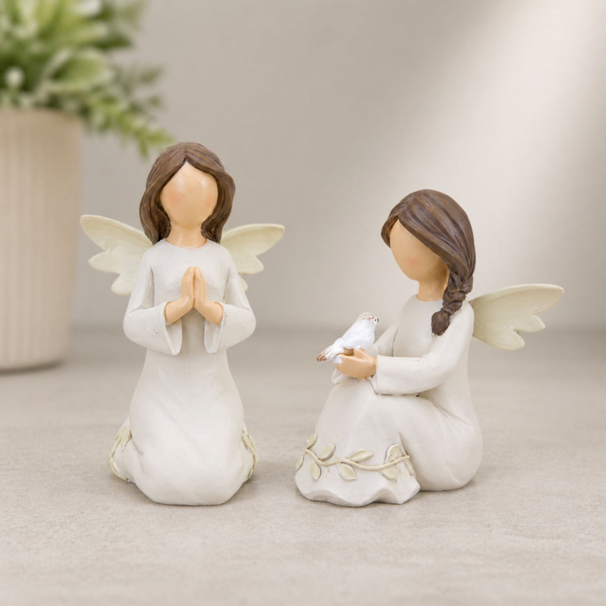 Beige Angel Figurine with Raised Floral Accent (Set of 2)