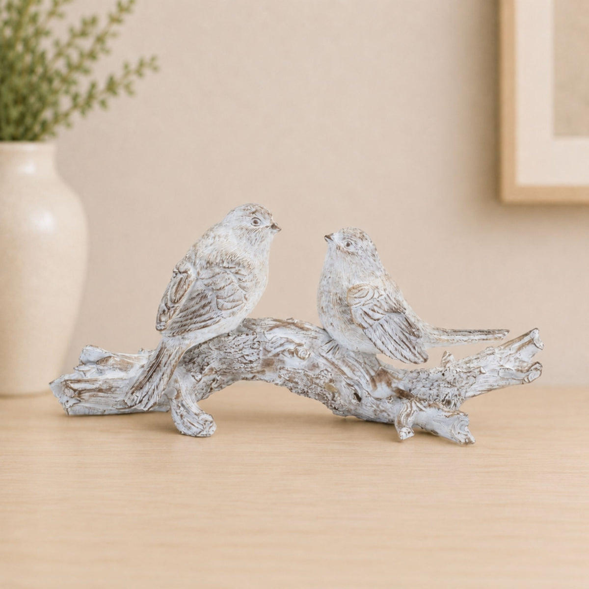 White Washed Birds on Branch Figurine 9.5"L